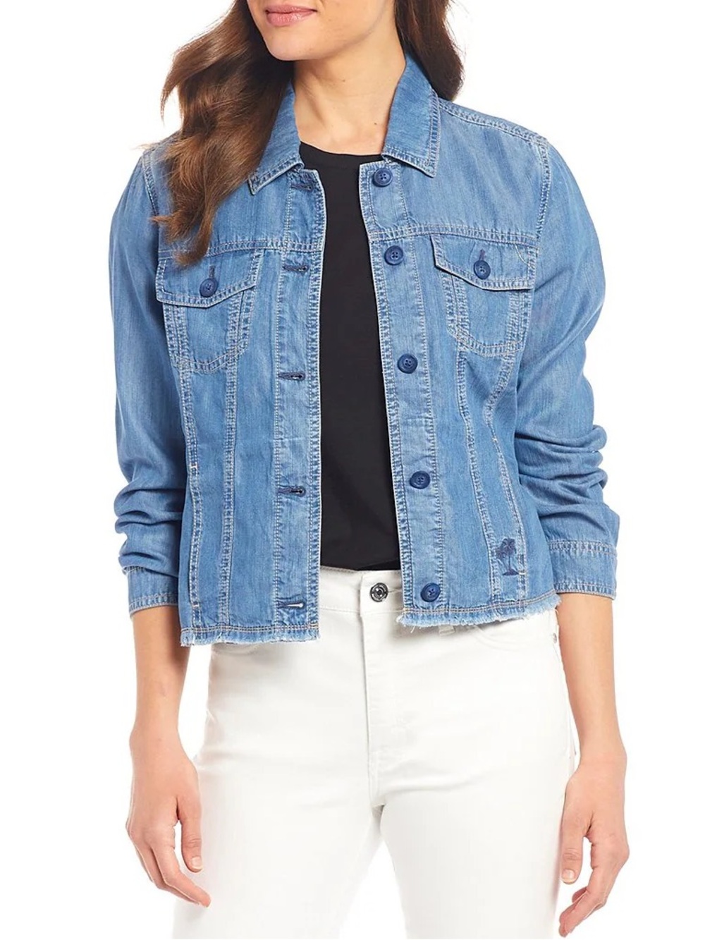 Tommy Bahama O'Lei Denim Jacket Women's Medium Wash Blue Cropped Fray Hem Size M